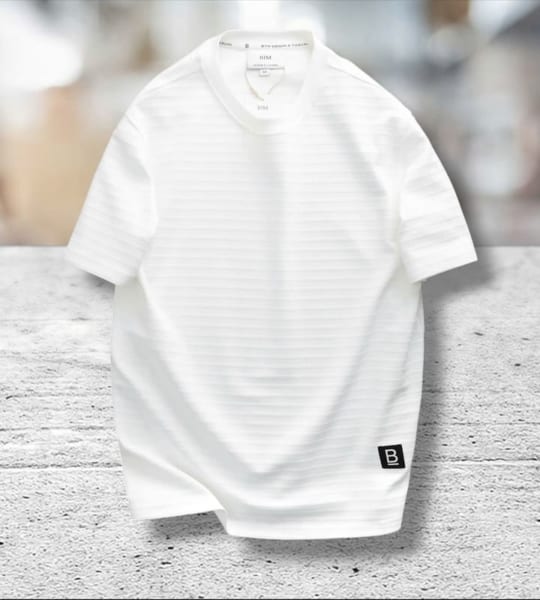Áo thun cổ tròn BTM trắng gân ngang
